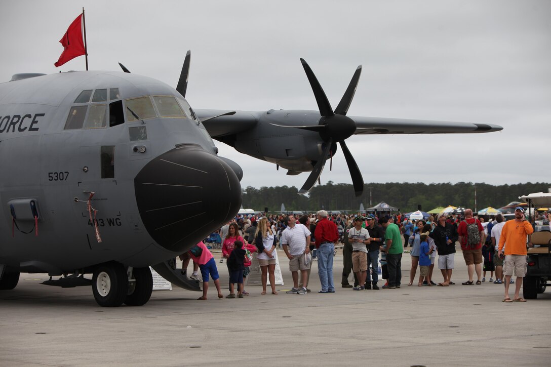 Marines, Sailors and civilian air show patrons view static displays of aircraft and weapons during the 2016 MCAS Cherry Point Air Show --  "Celebrating 75 Years" at Marine Corps Air Station Cherry Point, N.C., April 29, 30 and May 1, 2016. This years air show celebrated the 75th anniversary of 2nd Marine Aircraft Wing and MCAS Cherry Point and featured 40 static displays and 17 aerial performers. 