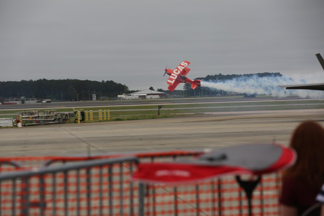 The Lucas Oil Aerobatics S1-11B team performs a nail-biting performance at the2016 Marine Corps Air Station Cherry Point Air Show – “Celebrating 75 Years” at MCAS Cherry Point, N.C., April 30, 2016. Michael Wiskus pilots the S1-11B “Pitts Special” is powered by 310 horsepower performed various solo aerobatics routines. This year’s air show celebrated MCAS Cherry Point and 2nd Marine Aircraft Wing’s 75th anniversaries and featured 40 static displays, 17 aerial performers and a concert. (U.S. Marine Corps photo by Lance Cpl. Mackenzie Gibson/ Released)