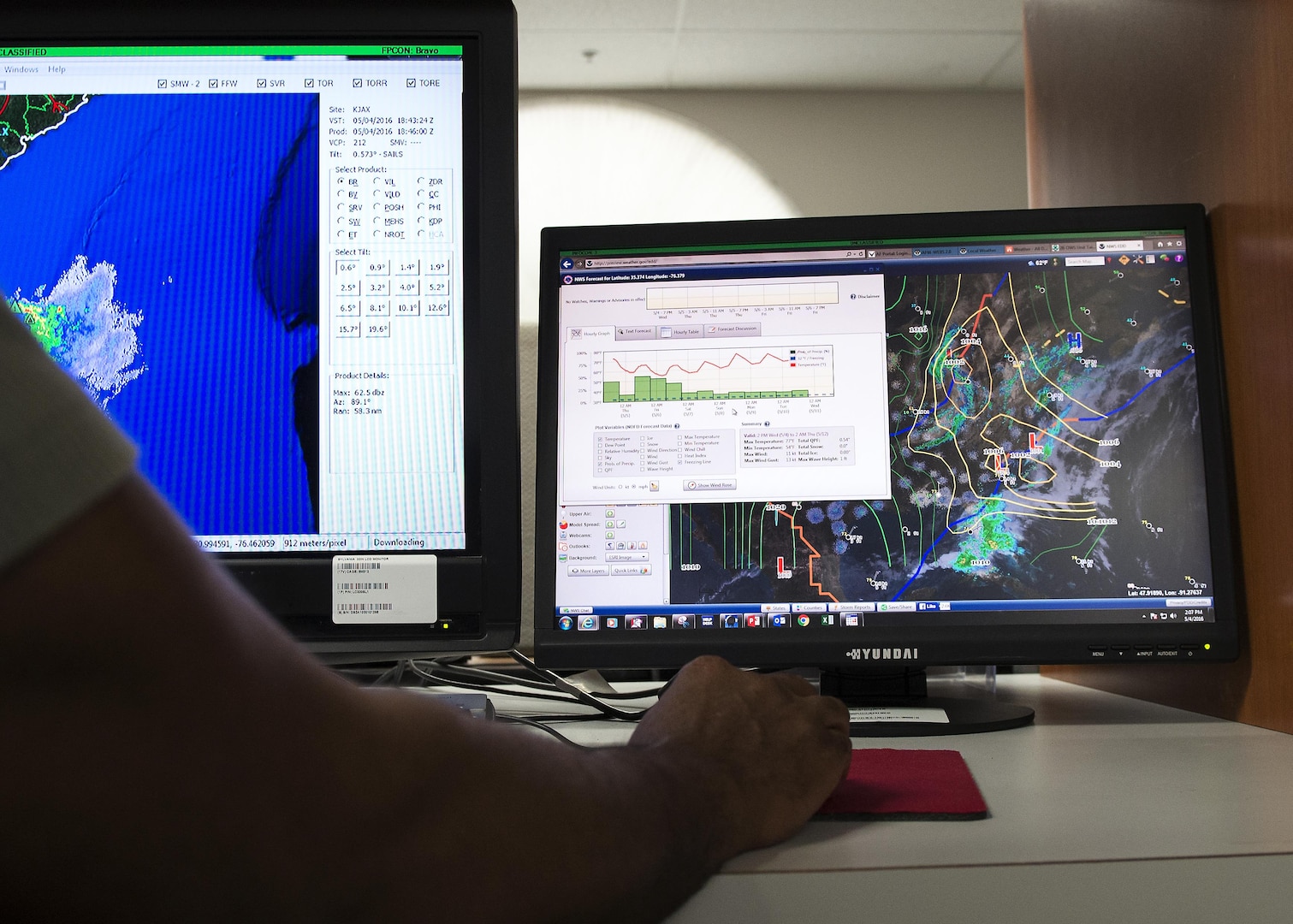 Alvin Hill, 12th Operations Support Squadron weather operations flight chief, scans the radar to check for signs of incoming poor weather at Joint Base San Antonio-Randolph May 4, 2016. Part of the 12th OSS/OSW mission is to provide advanced notice on weather conditions to assist base personnel in taking preventative actions. 