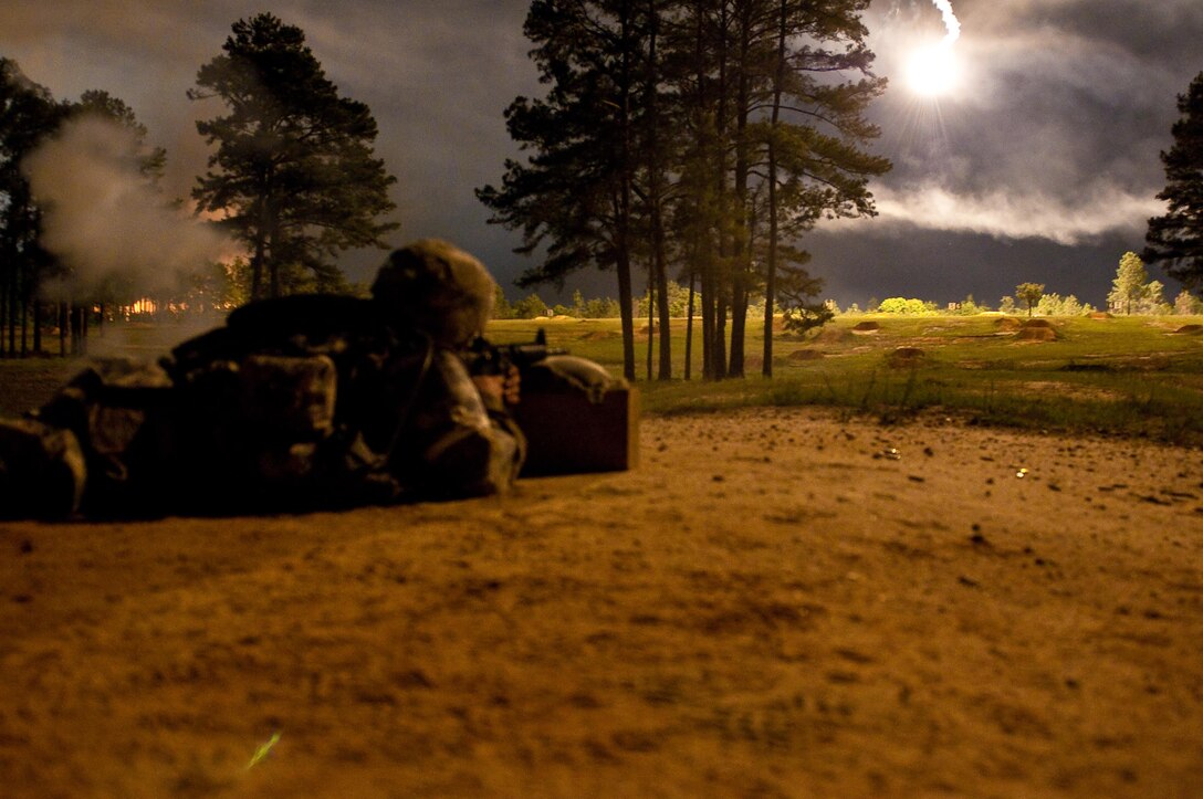 Spc. Michael Orozco of the 416th Engineering Command (Theater) engages targets during night range qualification at the 2016 U.S. Army Reserve Best Warrior Competition at Fort Bragg, N.C. May 5. This year’s Best Warrior Competition will determine the top noncommissioned officer and junior enlisted Soldier who will represent the U.S. Army Reserve in the Department of the Army Best Warrior Competition later this year at Fort A.P. Hill, Va. (U.S. Army photo by Sgt. George Thurmond II) (Released)