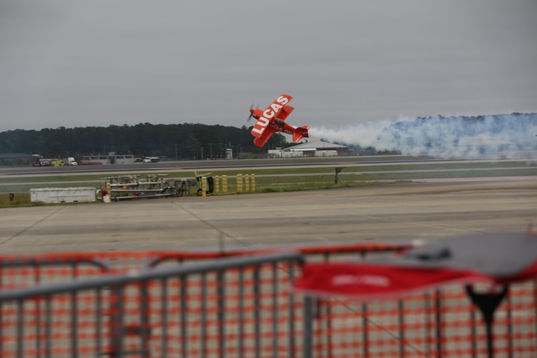 The Lucas Oil Aerobatics S1-11B team performs a nail-biting performance at the2016 Marine Corps Air Station Cherry Point Air Show – “Celebrating 75 Years” at MCAS Cherry Point, N.C., April 30, 2016. Michael Wiskus pilots the S1-11B “Pitts Special” is powered by 310 horsepower performed various solo aerobatics routines. This year’s air show celebrated MCAS Cherry Point and 2nd Marine Aircraft Wing’s 75th anniversaries and featured 40 static displays, 17 aerial performers and a concert. (U.S. Marine Corps photo by Lance Cpl. Mackenzie Gibson/ Released)