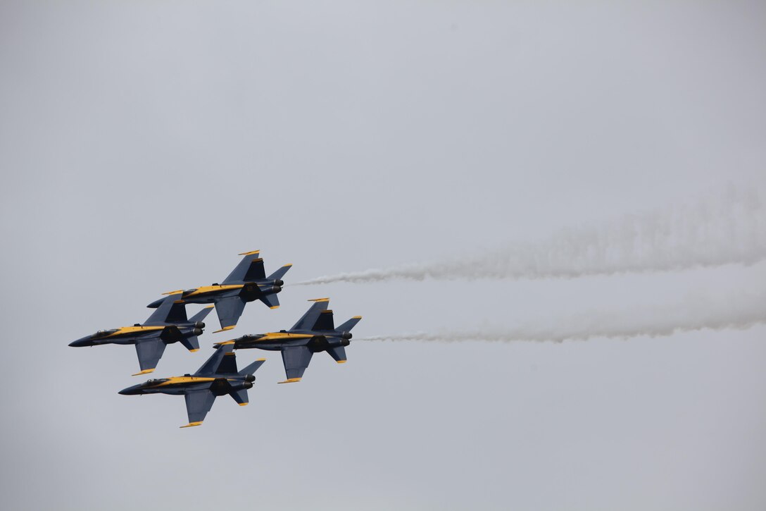 The U.S. Navy Blue Angels soar through the sky at the 2016 Marine Corps Air Station Cherry Point Air Show -- "Celebrating 75 Years" at MCAS Cherry Point, N.C., April 30, 2016. Blue Angels showcase the pride and professionalism of the Navy and the Marine Corps by inspiring a culture of excellence and service to country through flight demonstrations and community outreach. This year’s air show celebrated MCAS Cherry Point and 2nd Marine Aircraft Wing’s 75th anniversary and featured 40 static displays, 17 aerial performers, as well as a concert. 