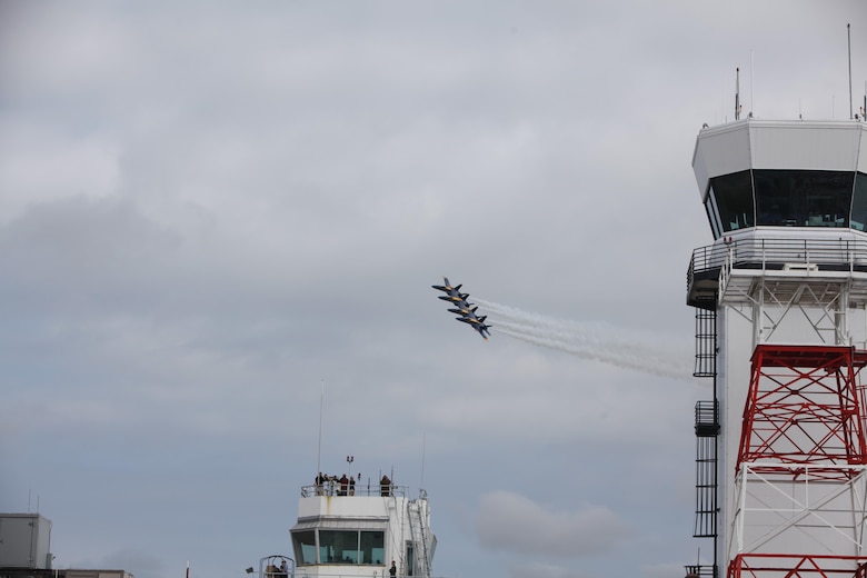 The U.S. Navy Blue Angels fly through the sky over the 2016 Marine Corps Air Station Cherry Point Air Show -- "Celebrating 75 Years" at MCAS Cherry Point, N.C., April 30, 2016. Blue Angels showcase the pride and professionalism of the Navy and the Marine Corps by inspiring a culture of excellence and service to country through flight demonstrations and community outreach. This year’s air show celebrated MCAS Cherry Point and 2nd Marine Aircraft Wing’s 75th anniversary and featured 40 static displays, 17 aerial performers, as well as a concert. 