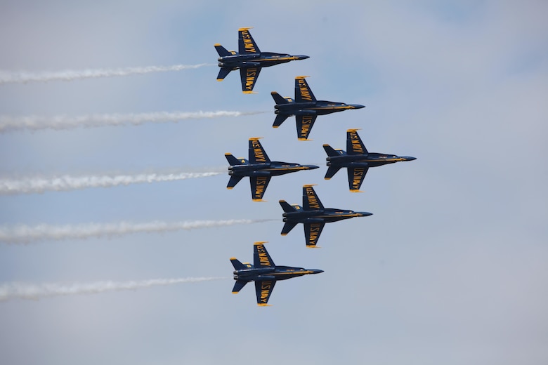 The U.S. Navy Blue Angels fly through the sky at the 2016 Marine Corps Air Station Cherry Point Air Show -- "Celebrating 75 Years" at MCAS Cherry Point, N.C., April 30, 2016. Blue Angels showcase the pride and professionalism of the Navy and the Marine Corps by inspiring a culture of excellence and service to country through flight demonstrations and community outreach. This year’s air show celebrated MCAS Cherry Point and 2nd Marine Aircraft Wing’s 75th anniversary and featured 40 static displays, 17 aerial performers, as well as a concert. 