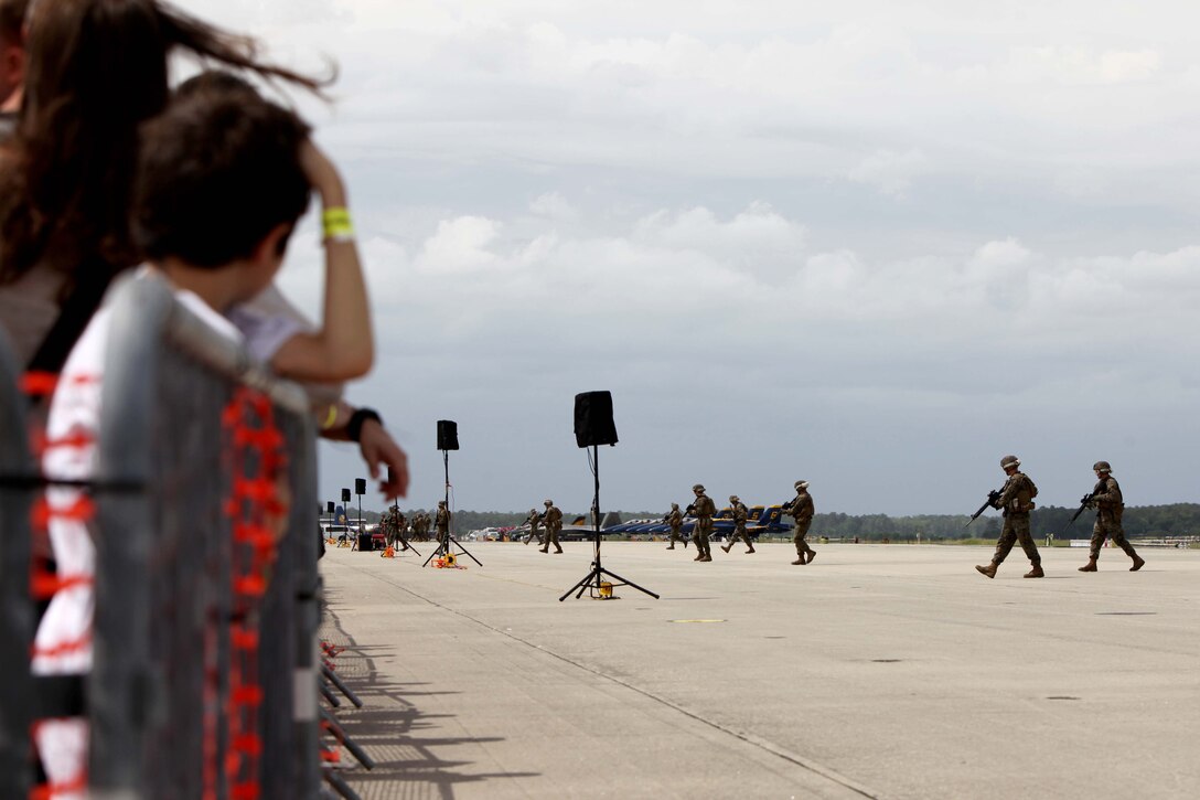 The Marine Air-Ground Task Force performs high speed demo on the flight line at the 2016 MCAS Cherry Point Air Show – “Celebrating 75 Years” at Marine Corps Air Station Cherry Point, N.C., April 29, 2016.
The Marine Air-Ground Task Force is designed for swift deployment of Marine forces by air, land or sea. This year’s air show celebrated MCAS Cherry Point and 2nd Marine Aircraft Wing’s 75th anniversaries and featured 40 static displays, 17 aerial performers and a concert.
