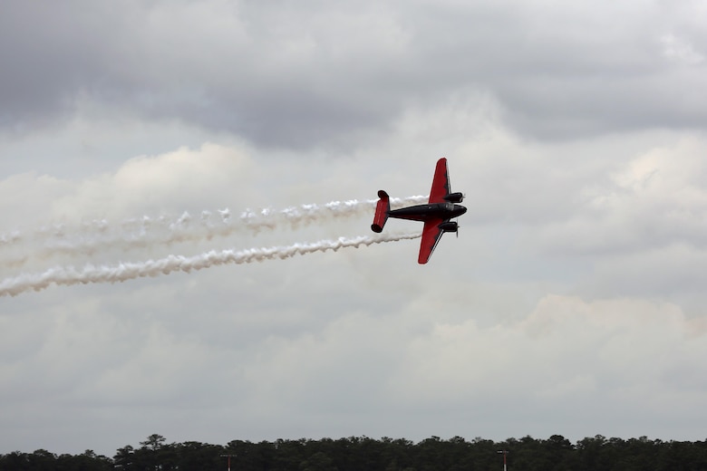 The Twin Beech 18 provides overhead excitement at the 2016 MCAS Cherry Point Air Show – “Celebrating 75 Years” at Marine Corps Air Station Cherry Point, N.C., May 1, 2016. The Beech 18 was originally built in 1943 and is the flagship of Matt Younkin's airshow fleet. This year’s air show celebrated MCAS Cherry Point and 2nd Marine Aircraft Wing’s 75th anniversary. (U.S. Marine Corps photo by Lance Cpl. Mackenzie Gibson/ Released)