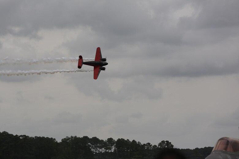 The Twin Beech 18 provides overhead excitement at the 2016 MCAS Cherry Point Air Show – “Celebrating 75 Years” at Marine Corps Air Station Cherry Point, N.C., May 1, 2016. The Beech 18 was originally built in 1943 and is the flagship of Matt Younkin's airshow fleet. This year’s air show celebrated MCAS Cherry Point and 2nd Marine Aircraft Wing’s 75th anniversary. (U.S. Marine Corps photo by Lance Cpl. Mackenzie Gibson/ Released)