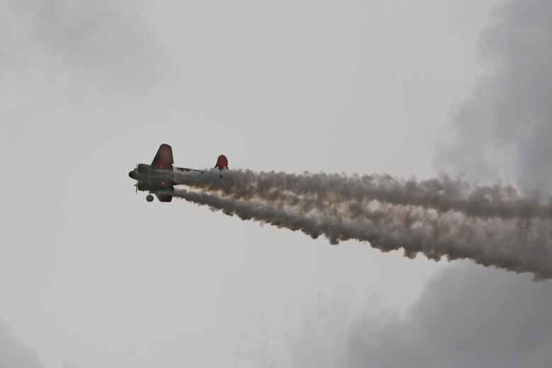 The Twin Beech 18 provides overhead excitement at the 2016 MCAS Cherry Point Air Show – “Celebrating 75 Years” at Marine Corps Air Station Cherry Point, N.C., May 1, 2016. The Beech 18 was originally built in 1943 and is the flagship of Matt Younkin's airshow fleet. This year’s air show celebrated MCAS Cherry Point and 2nd Marine Aircraft Wing’s 75th anniversary. (U.S. Marine Corps photo by Lance Cpl. Mackenzie Gibson/ Released)