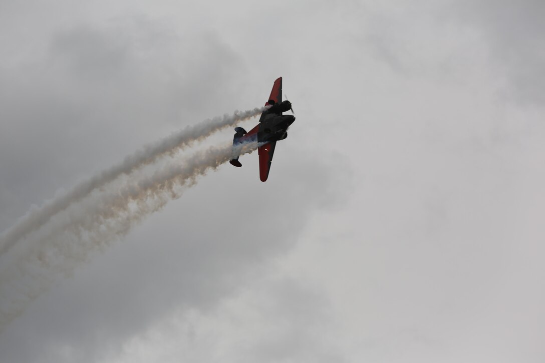 The Twin Beech 18 provides overhead excitement at the 2016 MCAS Cherry Point Air Show – “Celebrating 75 Years” at Marine Corps Air Station Cherry Point, N.C., May 1, 2016. The Beech 18 was originally built in 1943 and is the flagship of Matt Younkin's airshow fleet. This year’s air show celebrated MCAS Cherry Point and 2nd Marine Aircraft Wing’s 75th anniversary. (U.S. Marine Corps photo by Lance Cpl. Mackenzie Gibson/ Released)