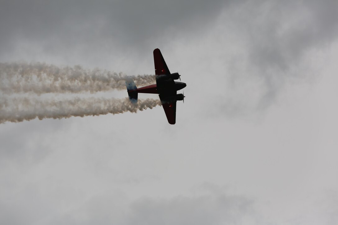 The Twin Beech 18 provides overhead excitement at the 2016 MCAS Cherry Point Air Show – “Celebrating 75 Years” at Marine Corps Air Station Cherry Point, N.C., May 1, 2016. The Beech 18 was originally built in 1943 and is the flagship of Matt Younkin's airshow fleet. This year’s air show celebrated MCAS Cherry Point and 2nd Marine Aircraft Wing’s 75th anniversary. (U.S. Marine Corps photo by Lance Cpl. Mackenzie Gibson/ Released)