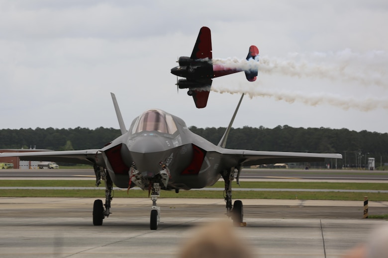 The Twin Beech 18 provides overhead excitement at the 2016 MCAS Cherry Point Air Show – “Celebrating 75 Years” at Marine Corps Air Station Cherry Point, N.C., May 1, 2016. The Beech 18 was originally built in 1943 and is the flagship of Matt Younkin's airshow fleet. This year’s air show celebrated MCAS Cherry Point and 2nd Marine Aircraft Wing’s 75th anniversary. (U.S. Marine Corps photo by Lance Cpl. Mackenzie Gibson/ Released)