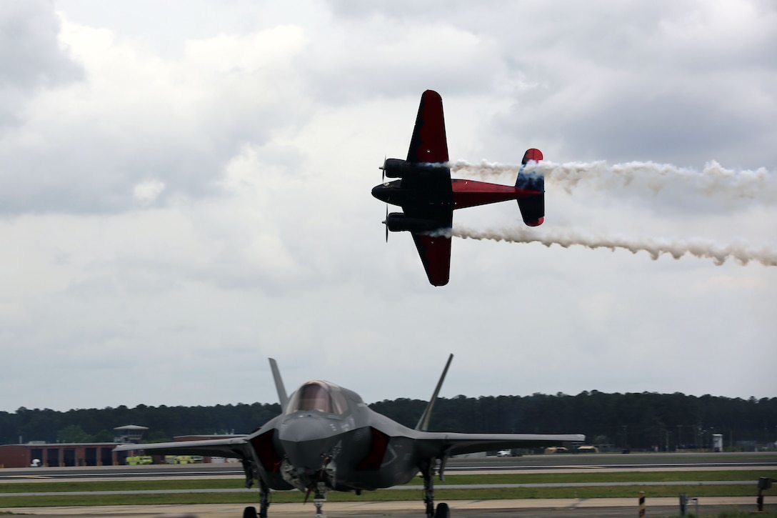 The Twin Beech 18 provides overhead excitement at the 2016 MCAS Cherry Point Air Show – “Celebrating 75 Years” at Marine Corps Air Station Cherry Point, N.C., May 1, 2016. The Beech 18 was originally built in 1943 and is the flagship of Matt Younkin's airshow fleet. This year’s air show celebrated MCAS Cherry Point and 2nd Marine Aircraft Wing’s 75th anniversary. (U.S. Marine Corps photo by Lance Cpl. Mackenzie Gibson/ Released)