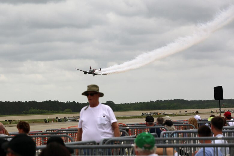 The Twin Beech 18 provides overhead excitement at the 2016 MCAS Cherry Point Air Show – “Celebrating 75 Years” at Marine Corps Air Station Cherry Point, N.C., May 1, 2016. The Beech 18 was originally built in 1943 and is the flagship of Matt Younkin's airshow fleet. This year’s air show celebrated MCAS Cherry Point and 2nd Marine Aircraft Wing’s 75th anniversary. (U.S. Marine Corps photo by Lance Cpl. Mackenzie Gibson/ Released)