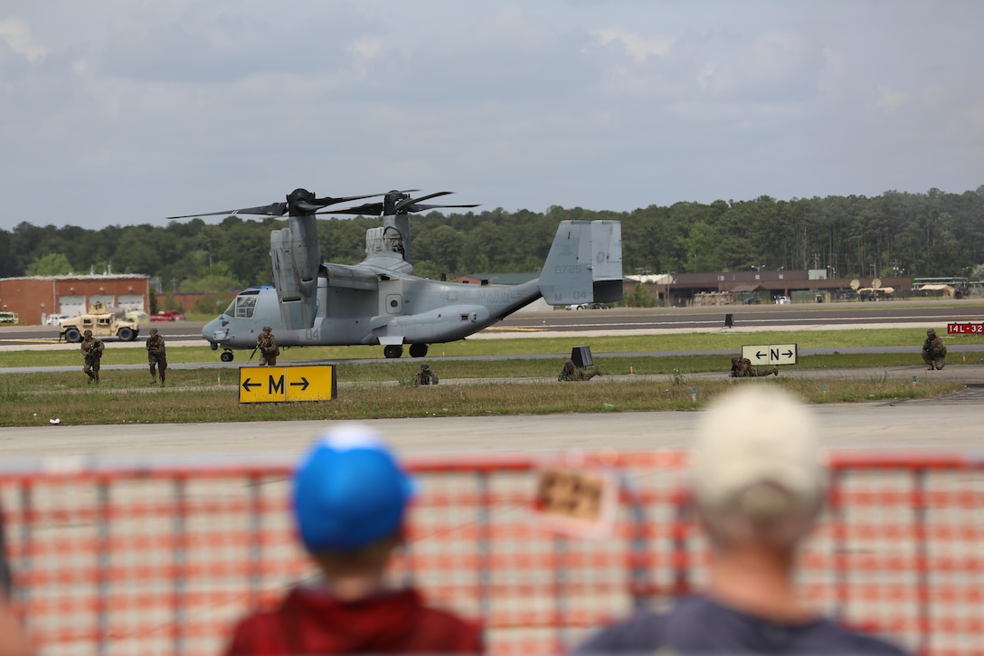 The Marine Air-Ground Task Force performs high speed demonstration on the flight line at the 2016 Marine Corps Air Station Cherry Point Air Show – “Celebrating 75 Years” at MCAS Cherry Point, N.C., May 1, 2016. The Marine Air-Ground Task Force is designed for swift deployment of Marine forces by air, land or sea. This year’s air show celebrated MCAS Cherry Point and 2nd Marine Aircraft Wing’s 75th anniversaries and featured 40 static displays, 17 aerial performers and a concert. (U.S. Marine Corps photo by Lance Cpl. Mackenzie Gibson/ Released)
