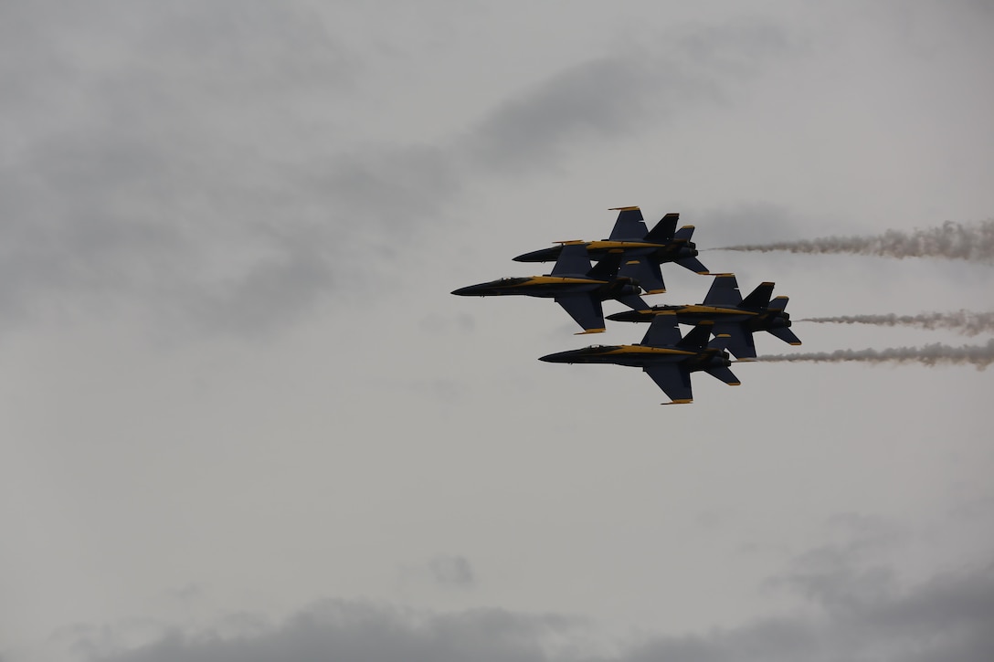 The U.S. Navy Blue Angels perform at the 2016 Marine Corps Air Station Cherry Point Air Show – “Celebrating 75 Years” at MCAS Cherry Point, N.C., May 1, 2016.
Blue Angels showcase the pride and professionalism of the Navy and the Marine Corps by inspiring a culture of excellence and service to country through flight demonstrations and community outreach. This year’s air show celebrated MCAS Cherry Point and 2nd Marine Aircraft Wing’s 75th anniversary and featured 40 static displays, 17 aerial performers, as well as a concert. (U.S. Marine Corps photo by Lance Cpl. Mackenzie Gibson/Released)
