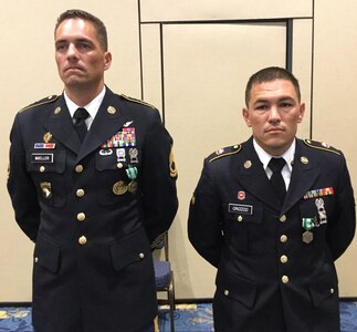 (L-R) Sgt. 1st Class Joshua Moeller, representing the 108th Training Command (Initial Entry Training), the 2016 U.S. Army Reserve Noncommissioned Officer of the Year, and Spc. Michael S. Orozco, representing the 416th Theater Engineer Command, the 2016 U.S. Army Reserve Soldier of the Year. They were selected as the winners at the U.S. Army Reserve Best Warrior Competition, May 6, at the Iron Mike Conference Center, Fort Bragg, N.C. Orozco and Moeller will represent the U.S. Army Reserve at the Army Best Warrior Competition later this year at Fort A.P. Hill, Va. (U.S. Army photo by Timothy L. Hale) (Released)