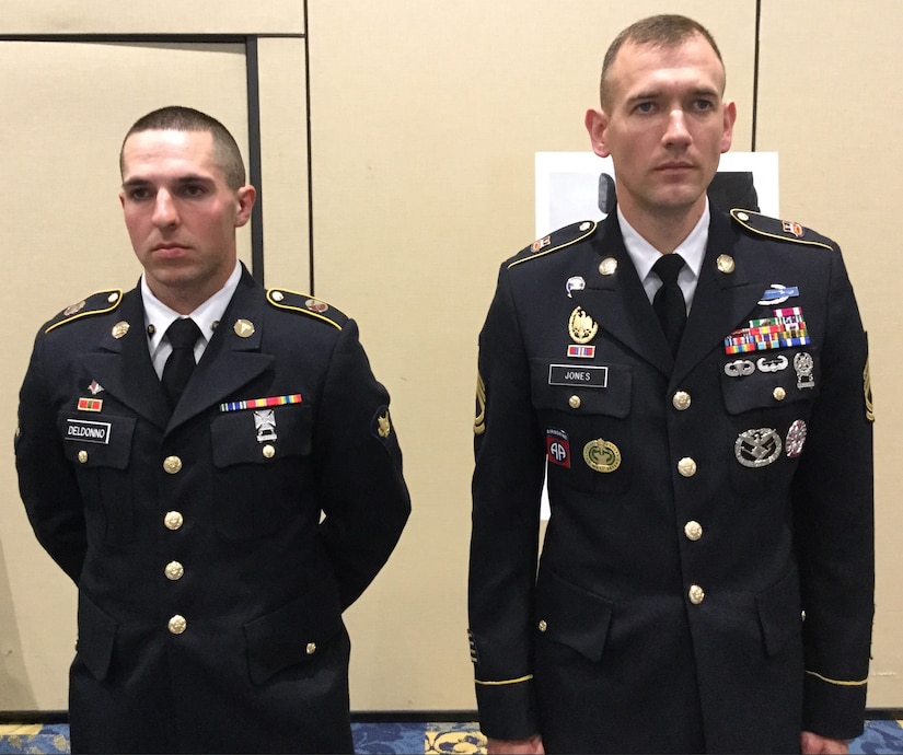 (L-R) Spc. Carlo Deldonno, representing the 3rd Medical Command (Deployment Support), the Soldier of the Year runner-up, and Sgt. 1st Class Robert D. Jones, representing the Army Reserve Careers Division, the NCO of the Year runner-up. They were selected as the runner-ups at the U.S. Army Reserve Best Warrior Competition, May 6, at the Iron Mike Conference Center, Fort Bragg, N.C.  (U.S. Army photo by Timothy L. Hale) (Released)