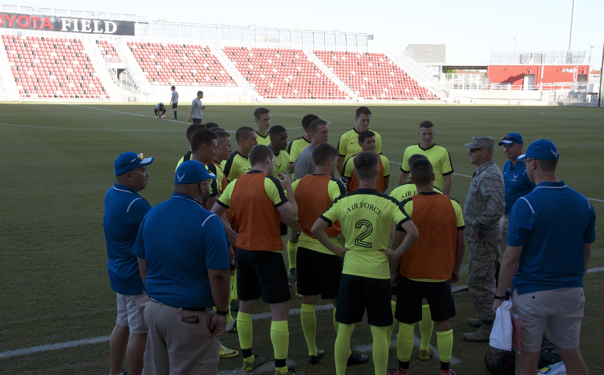 Col. Mike Lamb, Air Force Services Activity Operations director, addresses the 2016 All-Air Force men's soccer team before an exhibition match with the San Antonio Football Club at Toyota Field in San Antonio May 4. SAFC won the match, 3-0. (U.S. Air Force photo/Carole Chiles Fuller/Released)