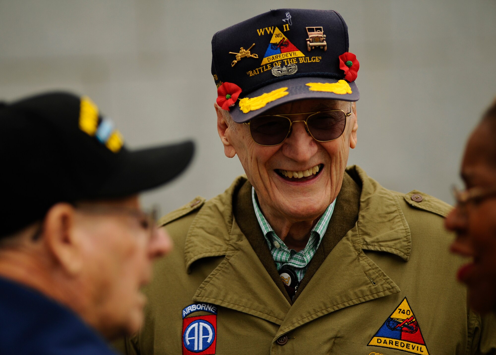 Harry Miller and Harold Bradley, both World War II veterans, reminisce at the National World War II Memorial in Washington D.C., April 30, 2016. Bradley and Miller served in the same unit for the Army at the Battle of the Bulge. The Honor Flight Network is a nonprofit organization that provides America’s veterans a free trip to the nation’s capital to visit memorials. (U.S. Air Force photo/Tech. Sgt. Bryan Franks)