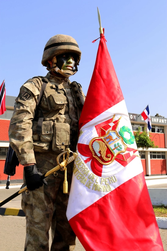 A Peruvian special operations service member participates in the opening ceremony of Fuerzas Comando 2016 in Ancon, Peru, May 2, 2016. Army photo by Staff Sgt. Fredrick Varney