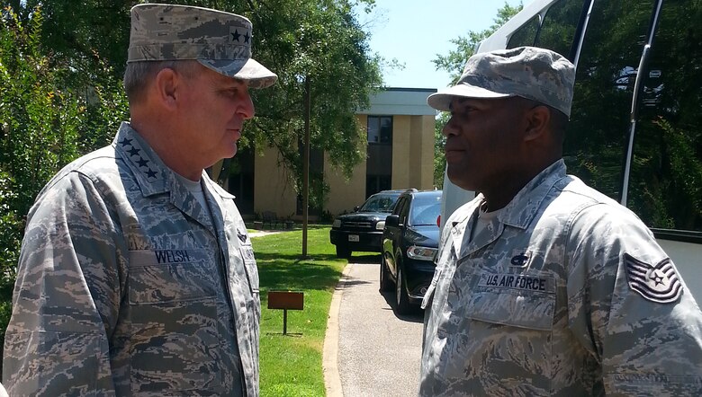 Tech Sgt. Larry Livingston, 908th Maintenance Squadron, 908th Airlift Wing, meets Chief of Staff of the Air Force Gen. Mark A. Welsh, III, during the National Security Forum at Air University on Maxwell Air Force Base, Ala., May 5.