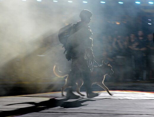 Staff Sgt. August O’Neill walks in the Invictus flag with his service dog, Kai, at the opening ceremony for the Invictus Games 2016 in Orlando, Fla., May 8, 2016. The Invictus Games are composed of 15 nations over 500 military competitors competing in 10 sporting events May 8-12, 2016. (U.S. Air Force photo/Staff Sgt. Carlin Leslie)