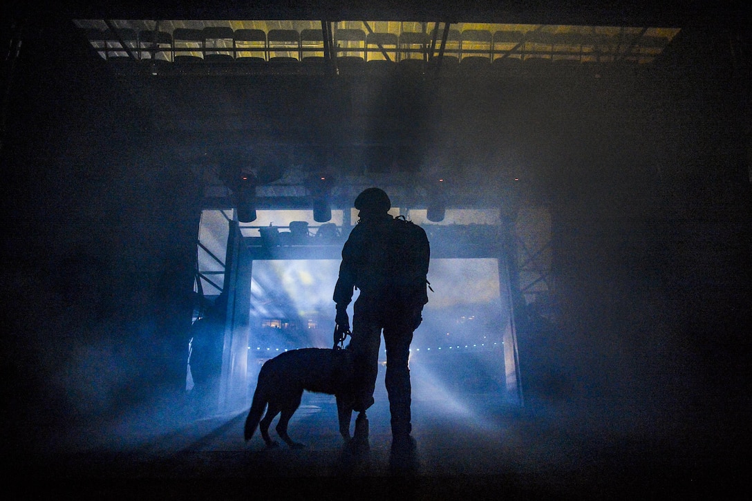 Air Force Staff Sgt. August O'Niell and his service dog, Kai, prepare to enter the stadium for the opening ceremony of the Invictus Games 2016 at ESPN Wide World of Sports in Orlando, Fla., May 8, 2016. O'Niell delivered the Invictus Games flag after hoisting down from a HH-60G Pave Hawk. Air Force photo by Tech. Sgt. Joshua L. DeMotts