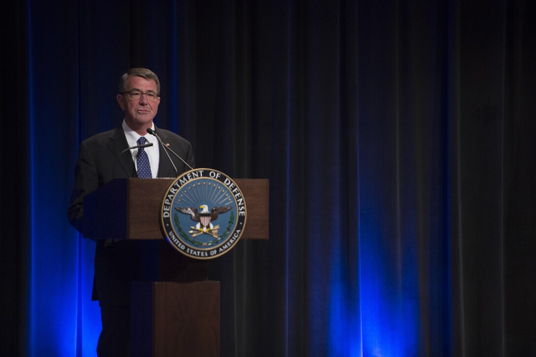 Defense Secretary Ash Carter provides remarks at a ceremony commemorating the 25th Anniversary of the Nunn-Lugar Cooperative Threat Reduction Program at the Pentagon, May 9, 2016. DoD photo by Air Force Senior Master Sgt. Adrian Cadiz