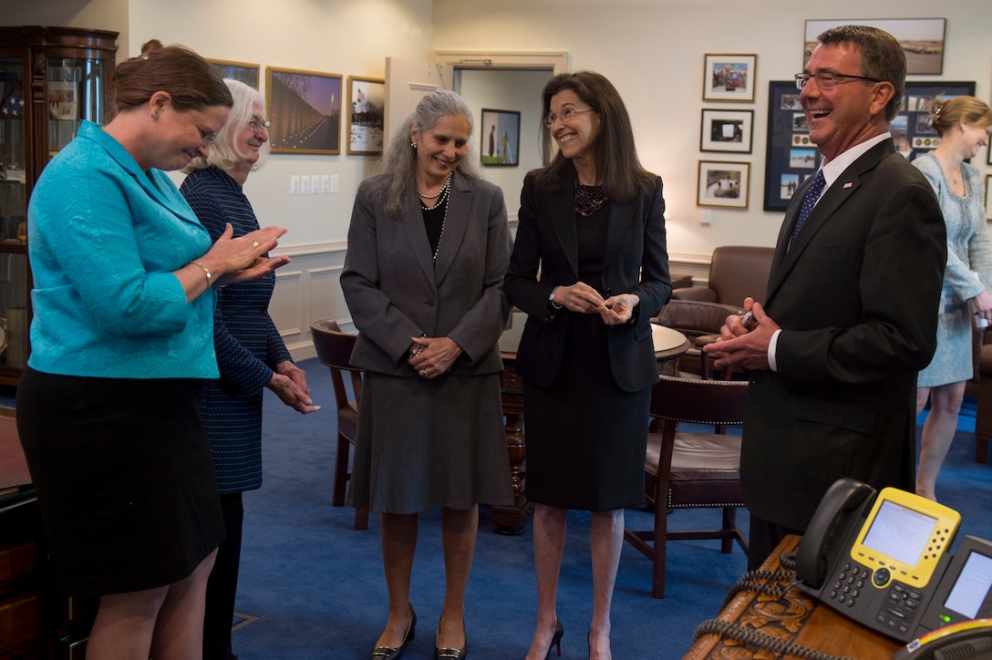 Defense Secretary Ash Carter meets with recipients of the Defense Department's inaugural Nunn-Lugar Trailblazer Award before a ceremony commemorating the 25th Anniversary of the Nunn-Lugar Cooperative Threat Reduction Program at the Pentagon in Washington, D.C., May 9, 2016. Left to right, recipients include: Laura Holgate, Susan Koch, Gloria Duffy and Jane Wales. The recipients helped implement the Nunn-Lugar program and create a foundation to secure nuclear material around the world. Elizabeth Sherwood-Randall also received the Trailblazer award, but was unable to attend. DoD photo by U.S. Air Force Senior Master Sgt. Adrian Cadiz


