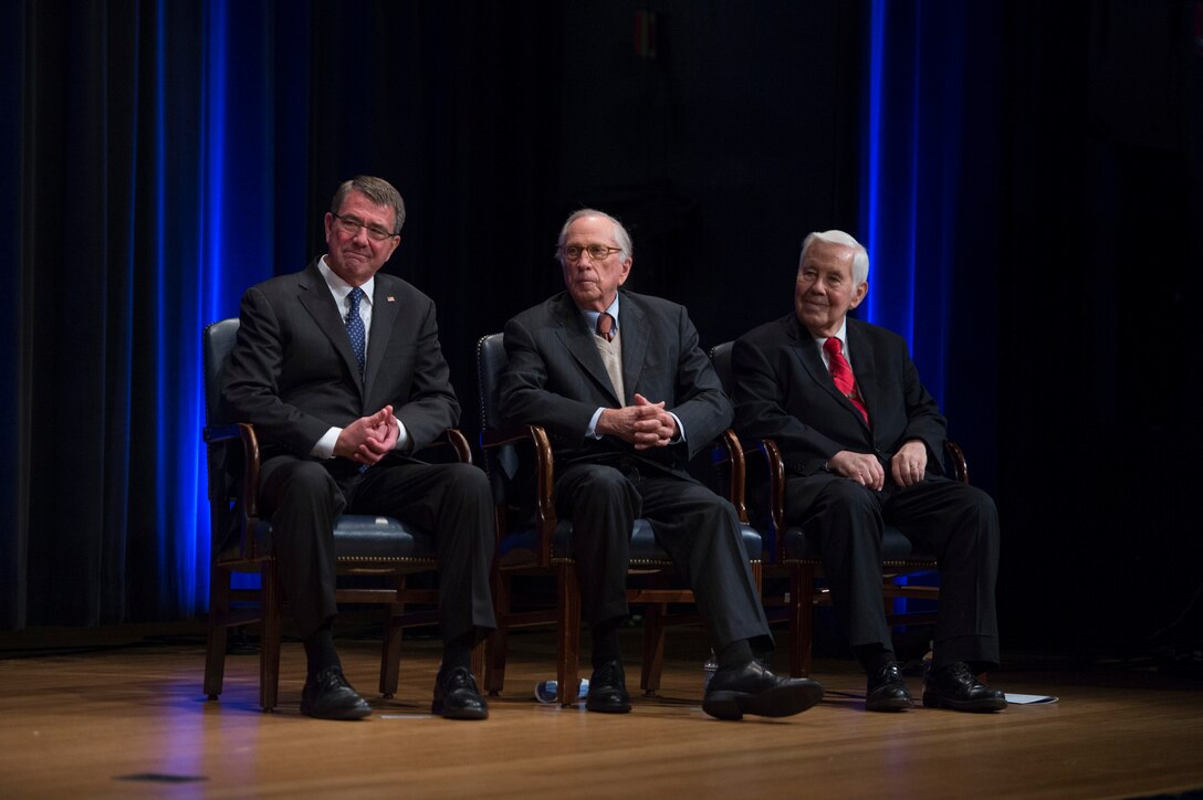 Defense Secretary Ash Carter, left, and former U.S. Sen. Sam Nunn of Georgia, center, and Richard Lugar of Indiana listen during a ceremony commemorating the 25th Anniversary of the Nunn-Lugar Cooperative Threat Reduction Program at the Pentagon, May 9, 2016. DoD photo by Air Force Senior Master Sgt. Adrian Cadiz