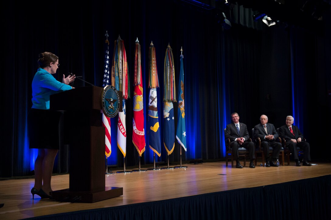 Defense Secretary Ash Carter, left, lisens with former U.S. Sens. Sam Nunn of Georgia, center, and Richard Lugar of Indiana during a ceremony commemorating the 25th Anniversary of the Nunn-Lugar Cooperative Threat Reduction Program at the Pentagon, May 9, 2016. DoD photo by AIr Force Senior Master Sgt. Adrian Cadiz
