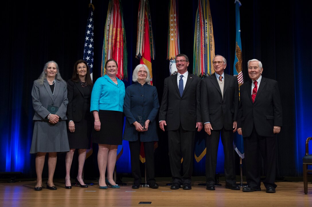 Defense Secretary Ash Carter, third from right, stands with recipients of the Defense Department's inagural Nunn-Lugar Trailblazer Award and former U.S. Sens. Sam Nunn of Georgia, second from right, and Richard Lugar of Indiana during a ceremony commemorating the 25th Anniversary of the Nunn-Lugar Cooperative Threat Reduction Program at the Pentagon, May 9, 2016. Left to right, the recipients include: Gloria Duffy, Jane Wales, Laura Holgate and Susan Koch. DoD photo by Air Force Senior Master Sgt. Adrian Cadiz