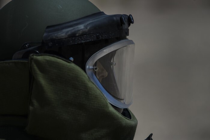 Staff Sgt. John Mitchell, 99th Civil Engineer Squadron explosive ordinance technician, wears an EOD suit during a training exercise at Nellis Air Force Base, Nev., May 5, 2016. EODs are the specialists who bravely serve as the Air Force’s bomb squad. (U.S. Air Force photo by Airman 1st Class Kevin Tanenbaum)