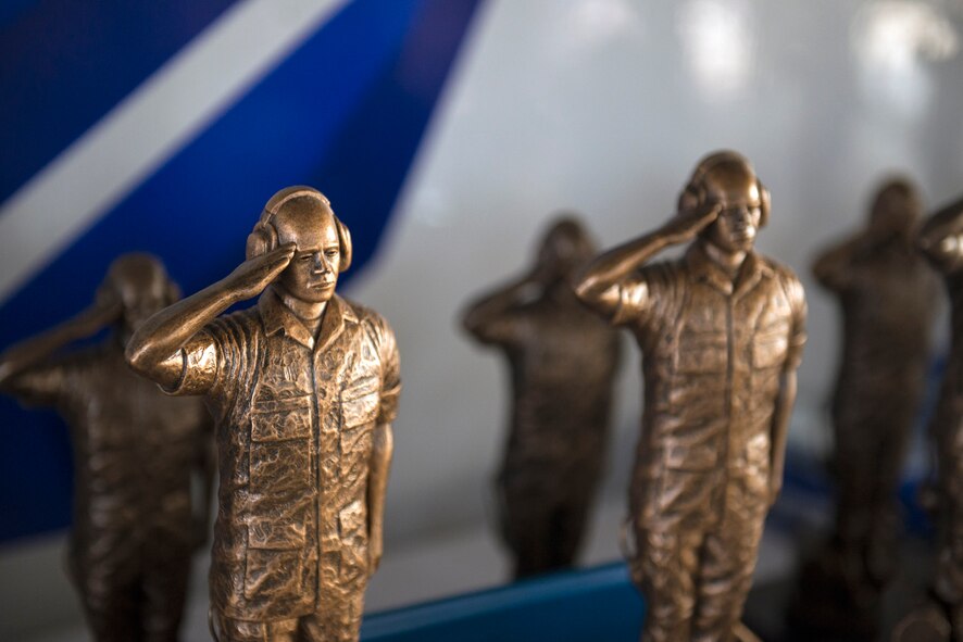 Trophies rest on display during the 2016 Maintenance Professional of the Year awards banquet, May 6, 2016, at Moody Air Force Base, Ga. Airmen from the 23d Maintenance Group were recognized for their dedication, accomplishments and above-the-ordinary performances. (U.S. Air Force photo by Airman 1st Class Greg Nash/Released) 