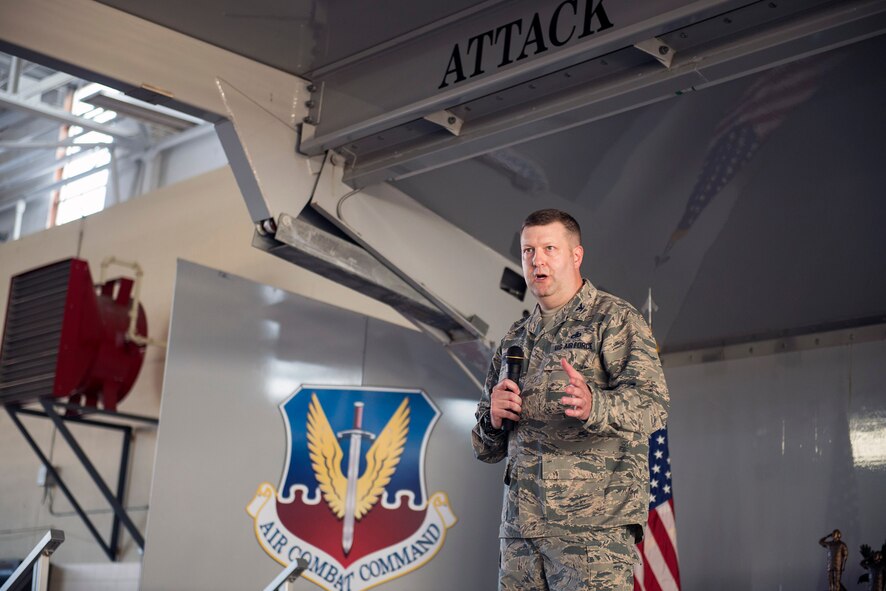 U.S. Air Force Col. Shane Barrett, 23d Maintenance Group commander, speaks during the 2016 Maintenance Professional of the Year awards banquet, May 6, 2016, at Moody Air Force Base, Ga.  Barrett lauded the 23d MXG Airmen for maintaining and providing repair support for the installation’s HC-130J Combat King IIs, HH-60G Pave Hawks and A-10C Thunderbolt IIs. (U.S. Air Force photo by Airman 1st Class Greg Nash/Released) 