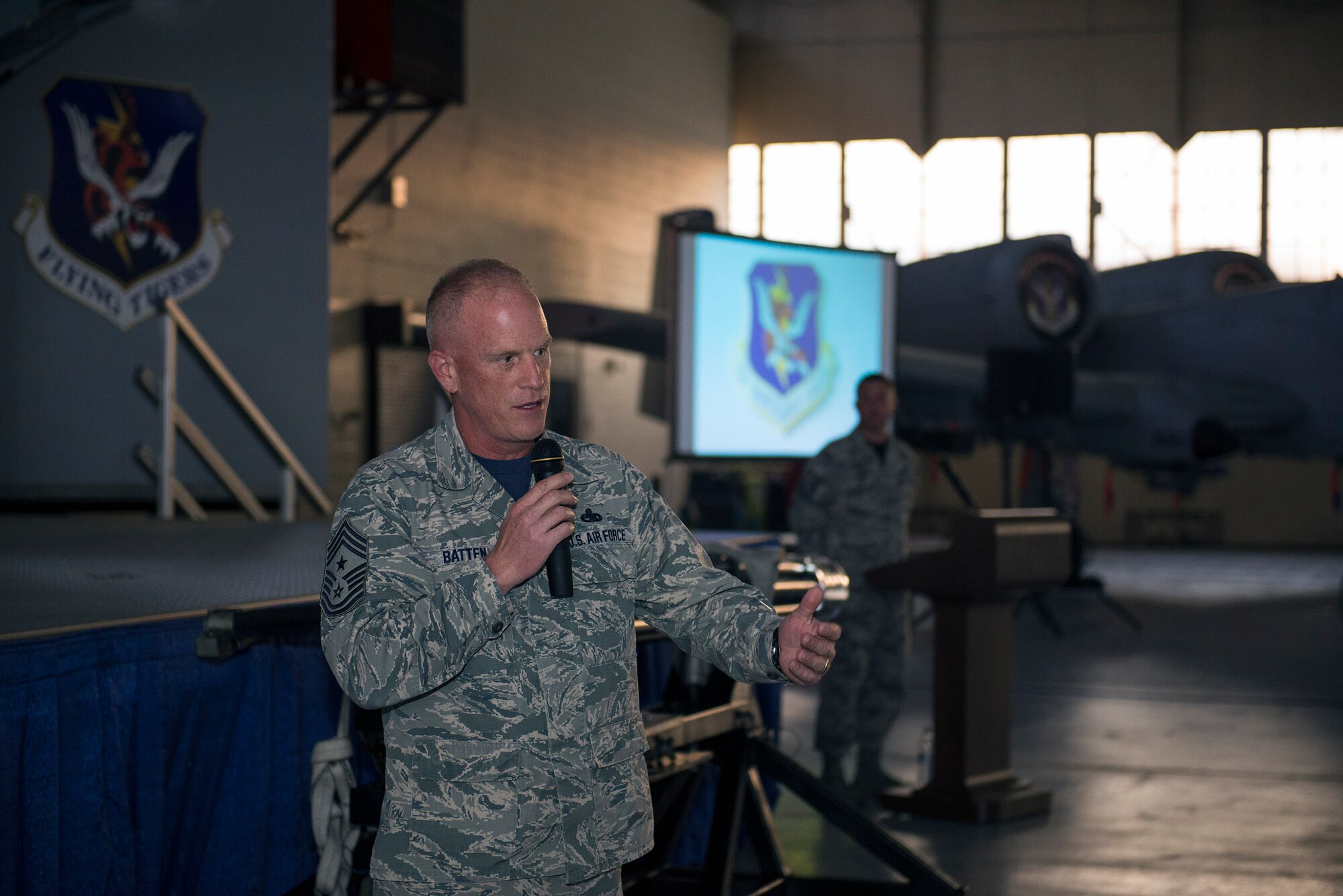 U.S. Air Force Chief Master Sgt. Frank Batten III, Ninth Air Force command chief, speaks during the 2016 Maintenance Professional of the Year awards banquet, May 6, 2016, at Moody Air Force Base, Ga.  Batten lauded the Airmen from the 23d Maintenance Group for their exceptional service in maintaining Moody’s HC-130J Combat King IIs, HH-60G Pave Hawks and A-10C Thunderbolt IIs. (U.S. Air Force photo by Airman 1st Class Greg Nash/Released) 