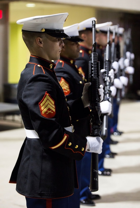 Marines with 4th Law Enforcement Battalion, Force Headquarters Group, Marine Forces Reserve, prepare to fire three rifle volleys in honor of Conrad Burns, former U.S. Senator, during the memorial service at MetraPark’s Rimrock Auto Arena, May 6, 2016. Firing of the rifle volleys is a long standing tradition of funeral details as a way to honor the deceased veteran. Burns served in the Marine Corps from 1955-1957 and also served as a U.S. Senator from 1989-2007. Marine Forces Reserve performed 91 percent of all funeral honors rendered by the Marine Corps in calendar year 2015 and continues to provide timely and professional support to veterans. (U.S. Marine Corps photo by Lance Cpl. Melissa Martens/ Released) 