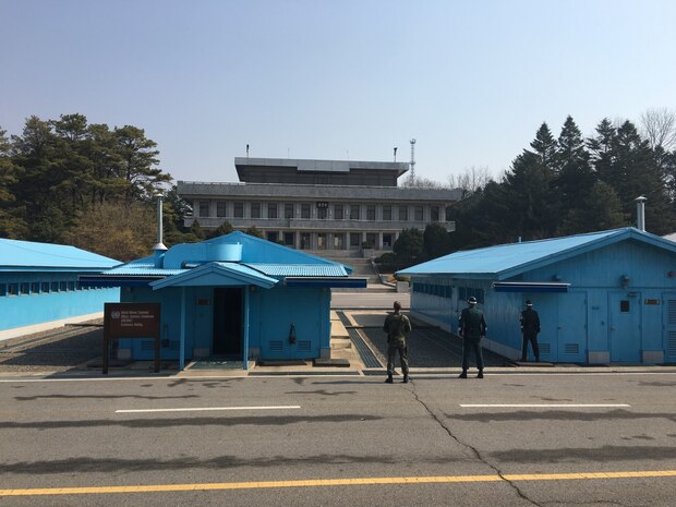 South Korean Soldiers stand guard on the South Korean side of the Joint Security Area March 26, near the United Nations Command Military Armistice Commission conference building, as Soldiers from the 1st Armored Brigade Combat Team, 1st Cavalry Division, visit the room where international negotiations take place with one of the most secluded nations on Earth. 