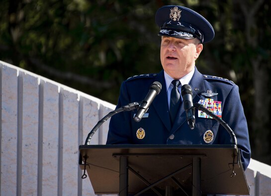 Air Force Chief of Staff Gen. Mark A. Welsh III speaks to the crowd of approximately 500 people at the 47th annual EOD Memorial Service at the Kauffman EOD Training Complex on Eglin Air Force Base, Fla., May 7, 2016. Names of recent and past fallen EOD technicians are added to the memorial wall each year. The Army, Marines and Navy added six new names this year. The total now stands at 320. (U.S. Air Force photo/Samuel King Jr.)