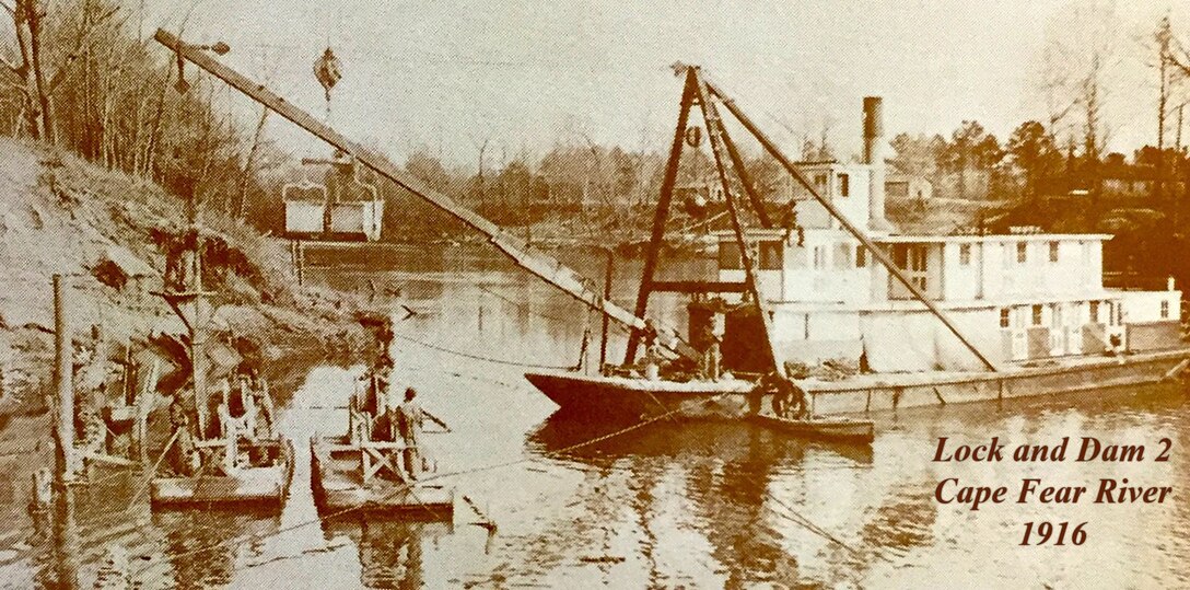 Historic photo of the construction of Lock and Dam 2 on the Cape Fear River.  