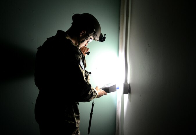 Staff Sgt. Daniel Fox, 9th Civil Engineer Squadron explosive ordnance disposal technician, uses a device intended to detect radioactive materials May 5th, 2016, at Clear Lake, California. Fox and other EOD technicians were participating in Operation: Half-Life, an exercise designed to evaluate a synchronized, multi-agency response to a crisis situation. (U.S. Air Force photo by Senior Airman Bobby Cummings)