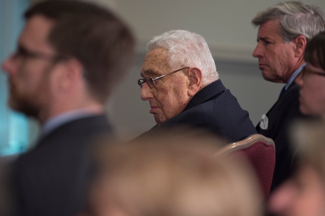 Former Secretary of State Henry A. Kissinger attends an award ceremony in his honor at the Pentagon, May 9, 2016. DoD photo by Air Force Senior Master Sgt. Adrian Cadiz