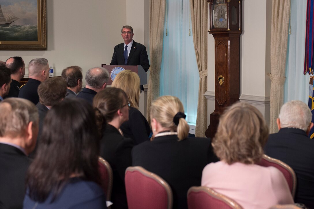 Defense Secretary Ash Carter speaks during an award ceremony at the Pentagon, May 9, 2016, honoring former Secretary of State Henry A. Kissinger for years of distinguished public service. DoD photo by Air Force Senior Master Sgt. Adrian Cadiz