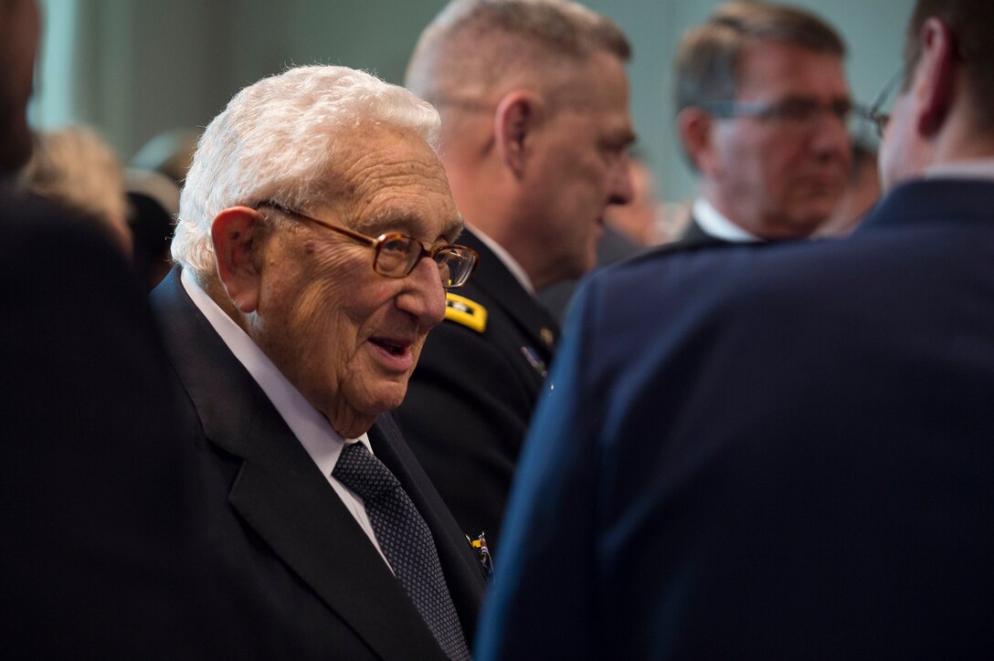 Former Secretary of State Henry A. Kissinger mingles at the Pentagon, May 9, 2016, after a ceremony in which he received the Department of Defense Distinguished Public Service Award. DoD photo by Air Force Senior Master Sgt. Adrian Cadiz