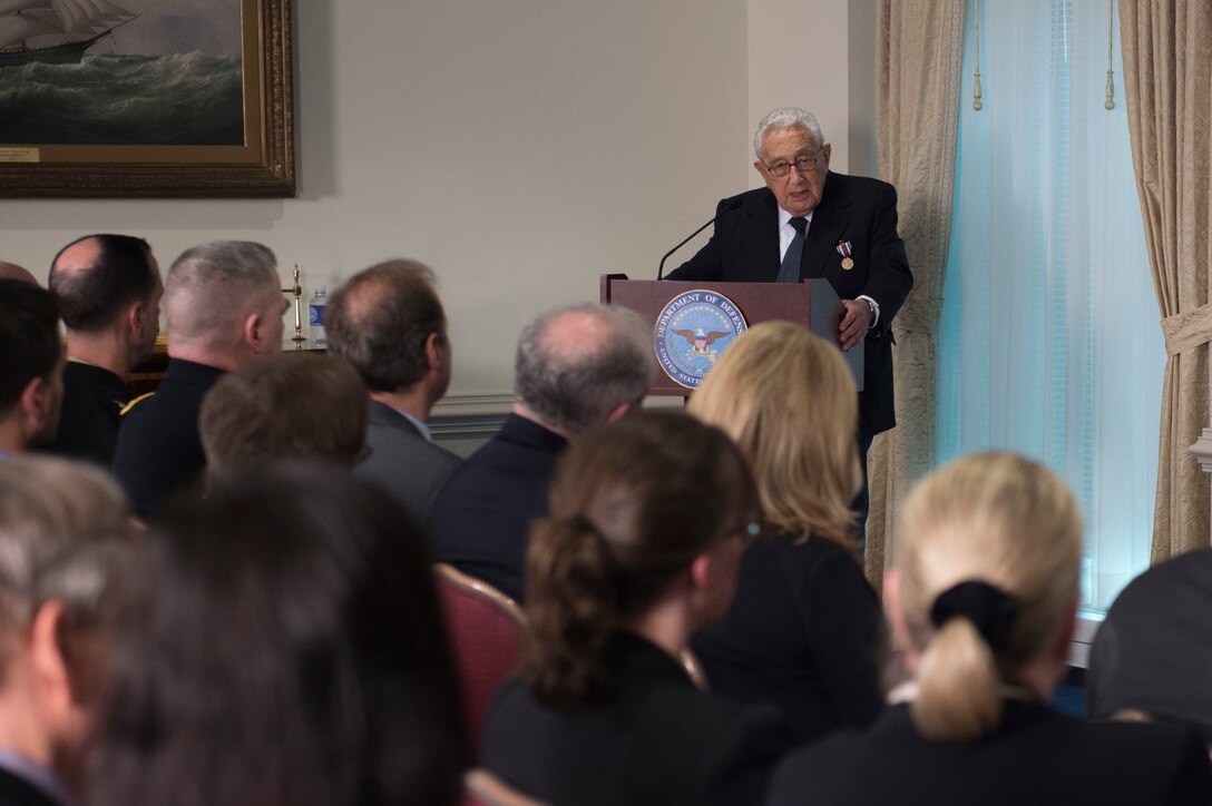 Former Secretary of State Henry A. Kissinger delivers remarks after receiving the Department of Defense Distinguished Public Service Award at a ceremony hosted by Defense Secretary Ash Carter at the Pentagon, May 9, 2016. DoD photo by Air Force Senior Master Sgt. Adrian Cadiz