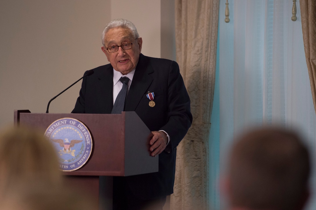 Former Secretary of State Henry A. Kissinger delivers remarks after receiving the Department of Defense Distinguished Public Service Award at the Pentagon, May 9, 2016. DoD photo by Air Force Senior Master Sgt. Adrian Cadiz