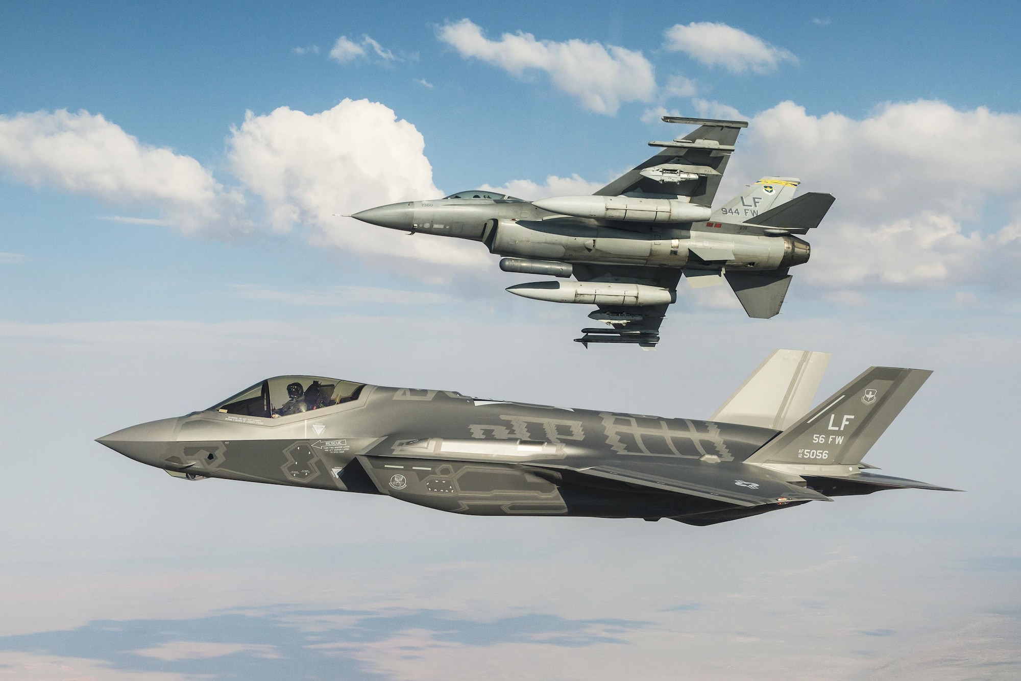 F-16s and F-35s from the 56th Fighter Wing fly side by side during a large force exercise April 18-29 at Luke Air Force Base, Arizona. The LFE is the culmination of eight months of training integrating different platforms from different bases utilizing air to air and air to surface tactics.
