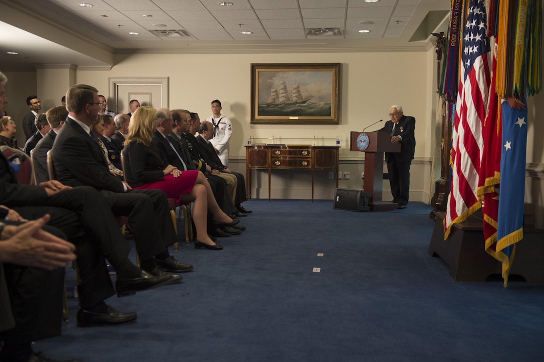 Former Secretary of State Henry A. Kissinger delivers remarks after being honored for distinguished service at a ceremony hosted by Defense Secretary Ash Carter at the Pentagon, May 9, 2016. DoD photo by Air Force Senior Master Sgt. Adrian Cadiz