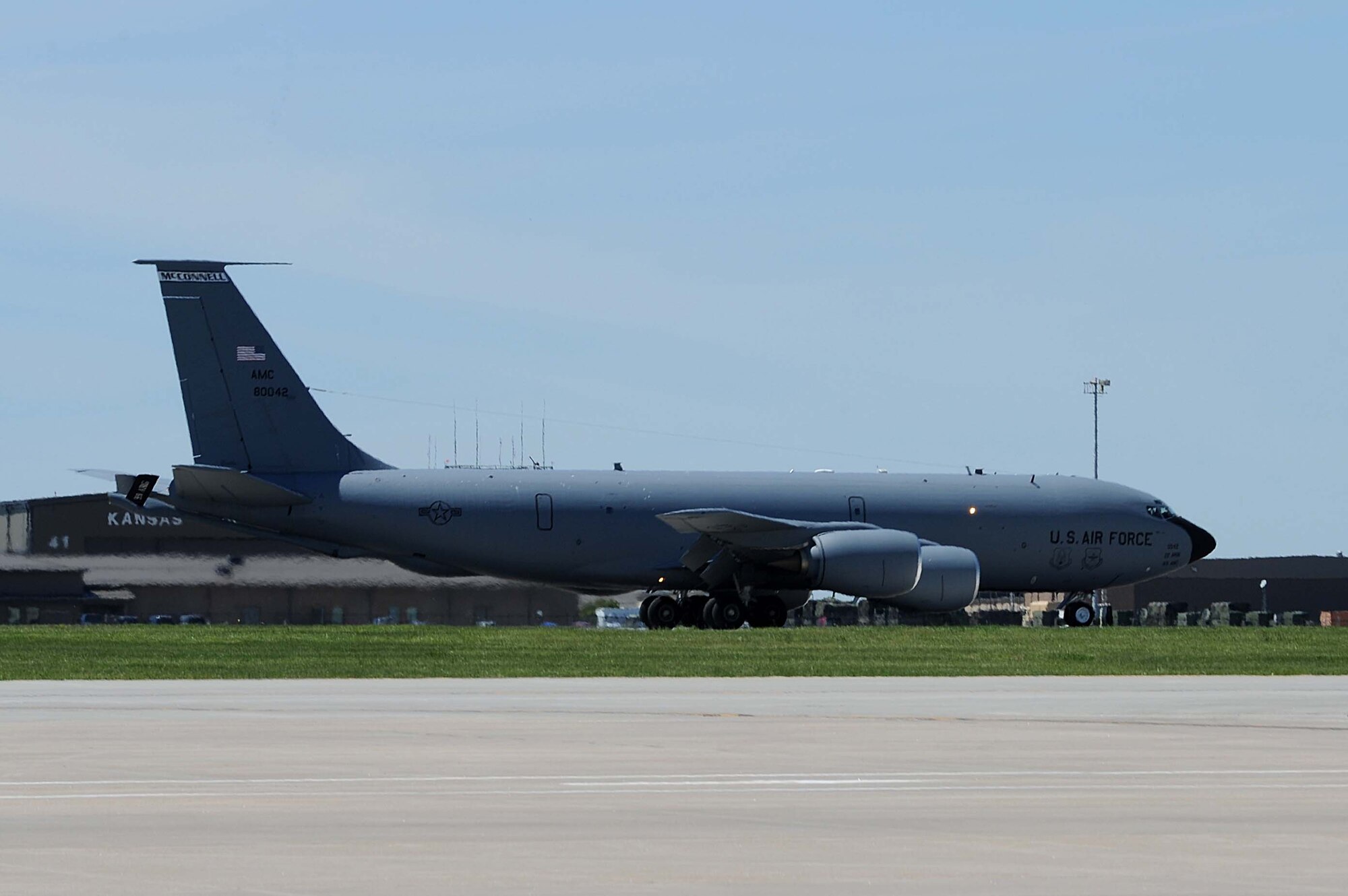 A KC-135 Stratotanker taxis into a parking spot, May 5, 2016, at McConnell Air Force Base, Kan. The KC-135’s primary mission is aerial refueling, which enhances the Air Force's capability to accomplish the primary mission of global reach. (U.S. Air Force photo/Airman 1st Class Jenna K. Caldwell)