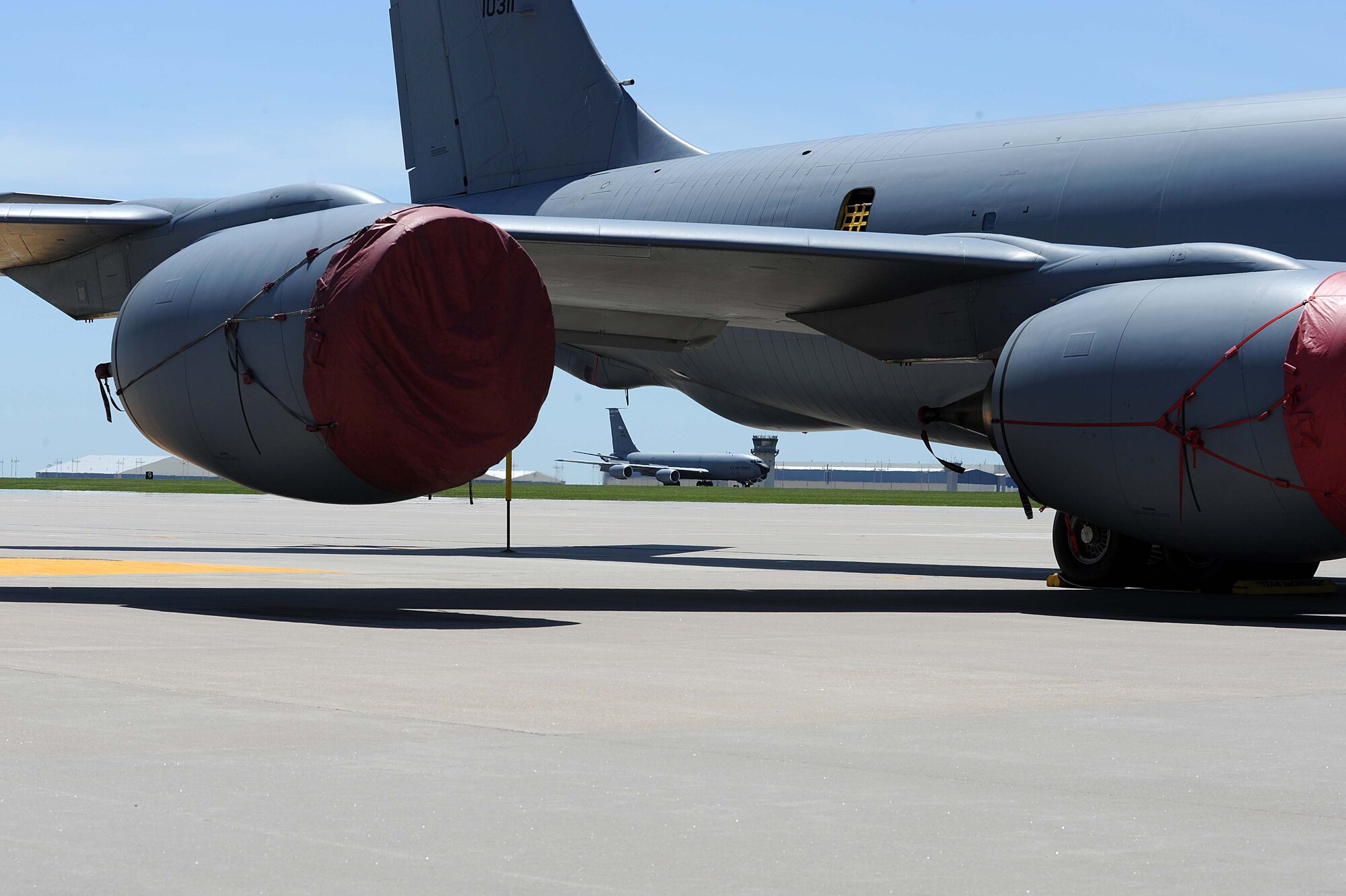 A KC-135 Stratotanker taxis into a parking spot, May 5, 2016, at McConnell Air Force Base, Kan. The KC-135’s primary mission is aerial refueling, which enhances the Air Force's capability to accomplish the primary mission of global reach. (U.S. Air Force photos/Airman 1st Class Jenna K. Caldwell)